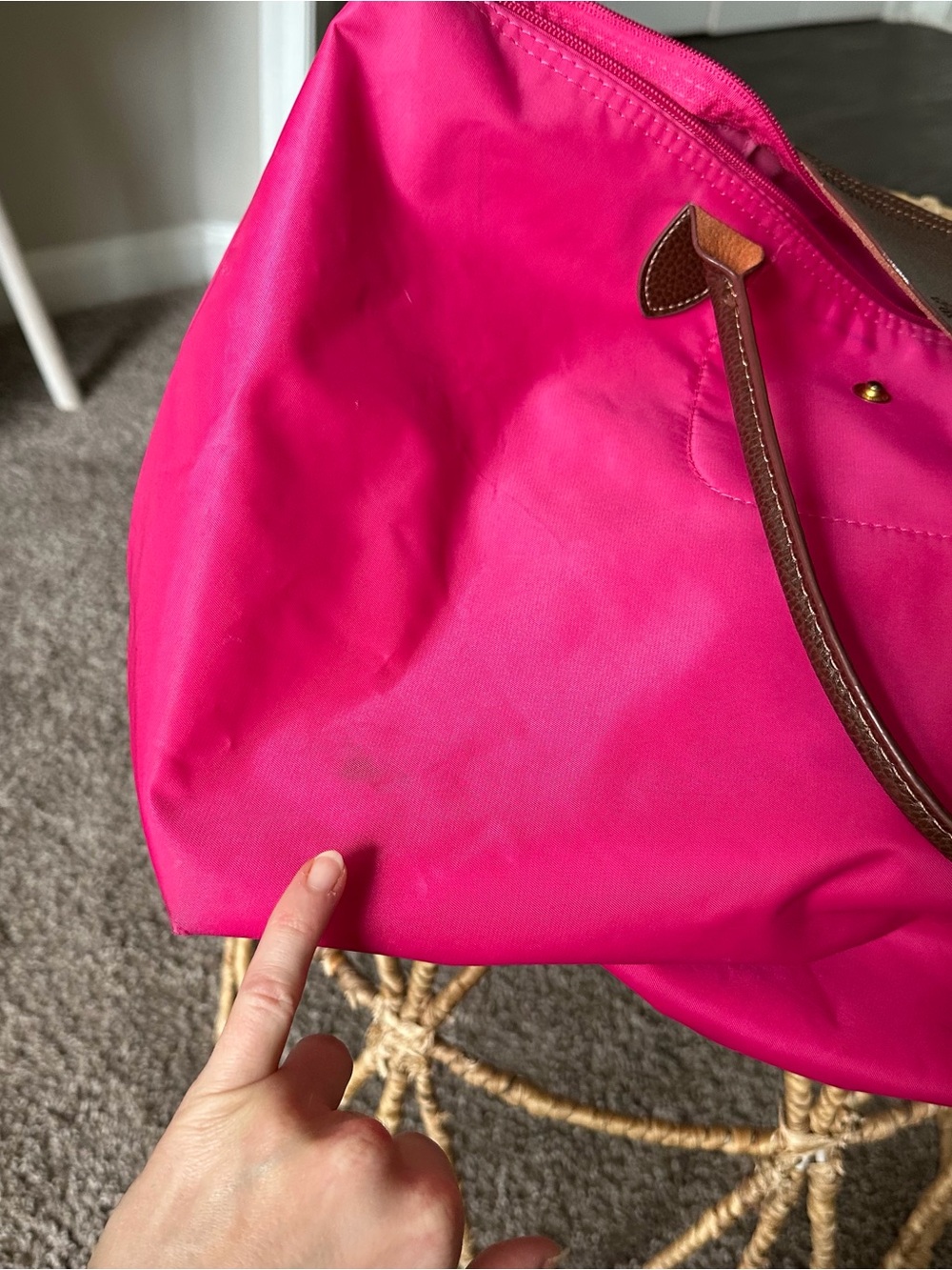 Longchamp Le Pliage Hot Pink Nylon Tote with Brown Leather Trim Large Travel Bag - Picture 15 of 16
